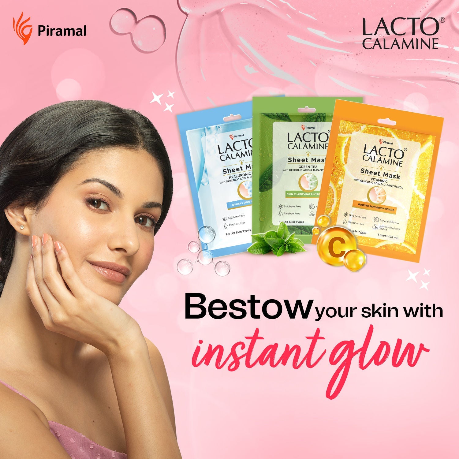 Lacto Calamine Vitamin C Face Sheet Mask with Antioxidants | Nourishing, Brightening & Glowing Skin | 25ml (Buy 1 Get 1 Free)