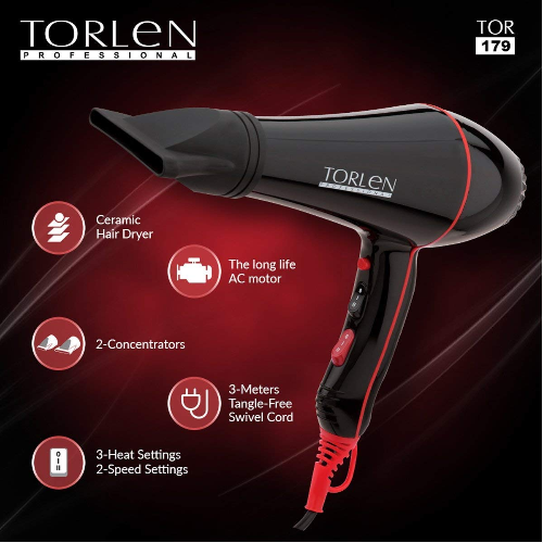 Torlen Professional 179 Hot And Cold Blow Hair Dryer | 2000 Watts Ceramic | Hair Drying Machine For Men and Women | Black Color - 2