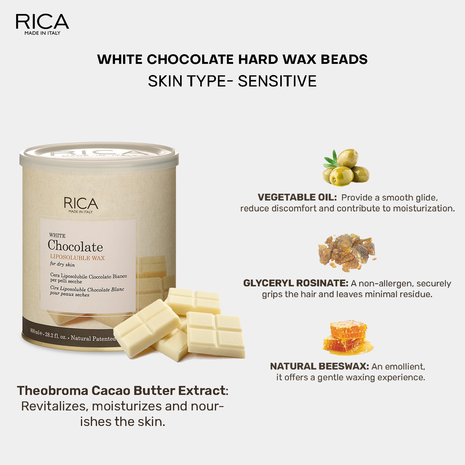 Rica White Chocolate Liposoluble Wax for Dry Skin with Glyceryl Rosinate, Natural Beeswax and Zinc Oxide (800g) - 2