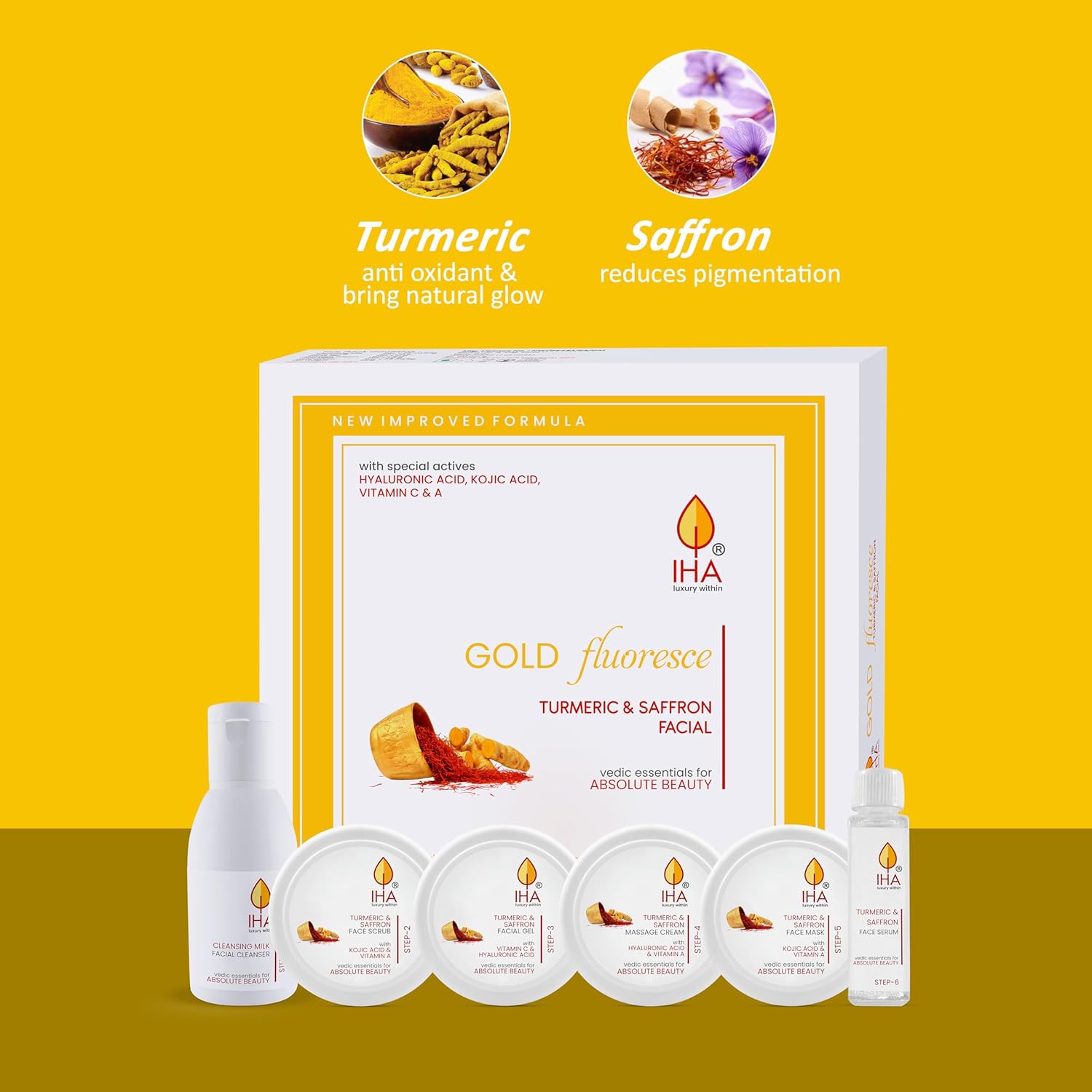 IHA Gold Fluoresce Big Facial Kit - Herbal Facial Kit with Turmeric and Saffron (Combo of 6) - 2