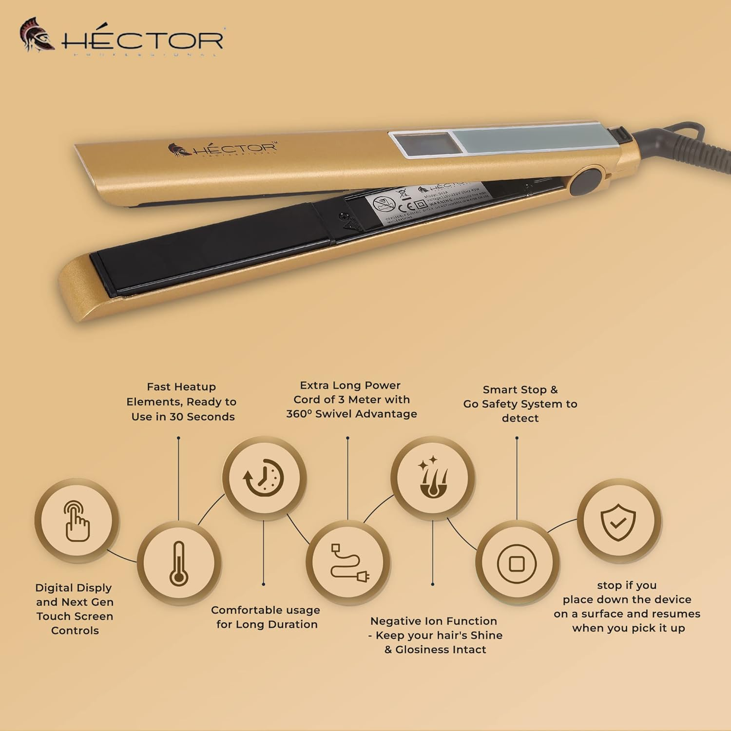 HECTOR I Touch Hair Straightener Slim 963 A, Gold - 2