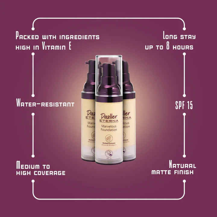 Dazzler Eterna Marvelous Foundation In Range of  (MarbleMF),(BruleeMF),(CreamMF),(CoffeeMF),(NaturalMF),(BiscottiMF)