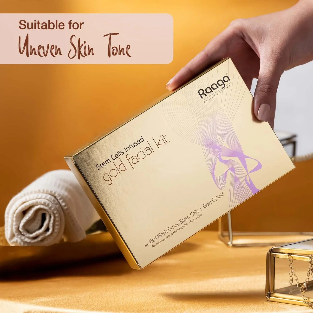Raaga Professional Stem Cells Infused Gold Facial Kit – 6 Step Advanced Brightening Facial with Colloidal Gold & Red Flash Grape Stem Cells | Reduces Pigmentation & Boosts Radiance – 61 gm - 1